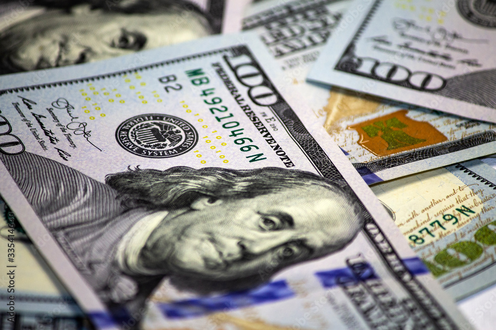 Fototapeta premium One hundred dollars bill. Focus on the seal of the Federal Reserve
