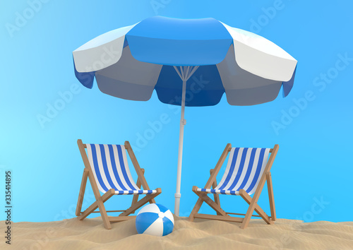 Beach umbrella with chairs and beach accessories on the bright blue background. Summer vacation concept. Minimalism concept. 3D Rendering, 3D Illustration