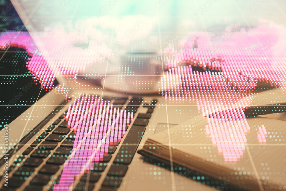 Double exposure of business theme drawing and desktop with coffee and items on table background. Concept of market trading Double exposure of business theme drawing and desktop with coffee and items on table background. Concept of market trading
