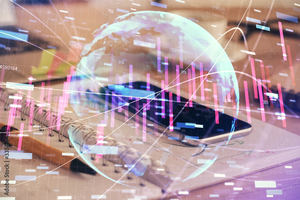 Double exposure of forex chart drawing and cell phone background. Concept of financial trading Double exposure of forex chart drawing and cell phone background. Concept of financial trading