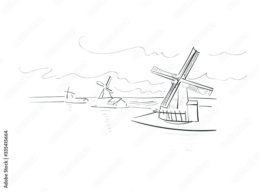 Amsterdam Netherlands Europe vector sketch city illustration line art