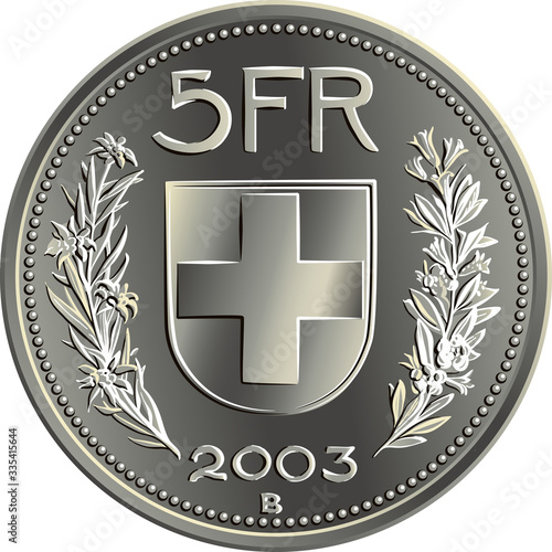 Reverse of 5 Swiss Francs silver coin with federal coat of arms, 5FR, year, branches of edelweiss and gentian, official coin in Switzerland