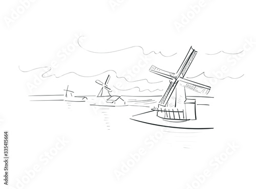 Amsterdam Netherlands Europe vector sketch city illustration line art