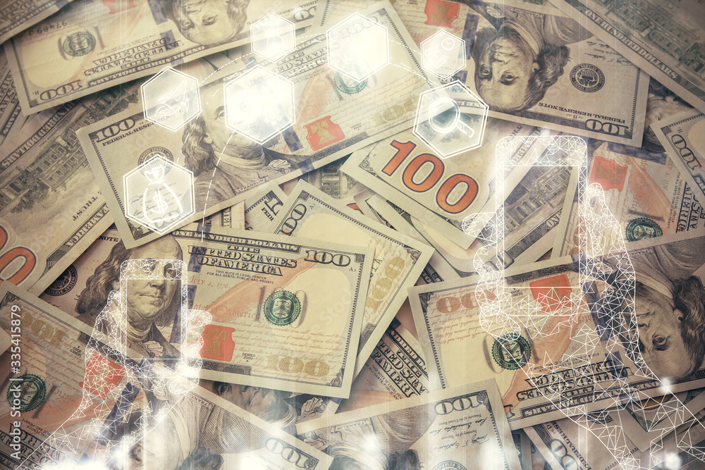 Double exposure of tech theme drawing over usa dollars bill background. Concept of technology. Double exposure of tech theme drawing over usa dollars bill background. Concept of technology.
