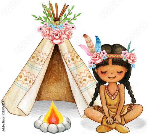 Cute watercolor boho indian girl with flowers, feathers and decorated tent