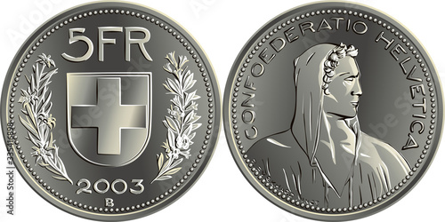 5 Swiss Francs silver coin, obverse alpine herdsman, reverse federal coat of arms, 5FR, branche of edelweiss and gentian, official coin in Switzerland photo