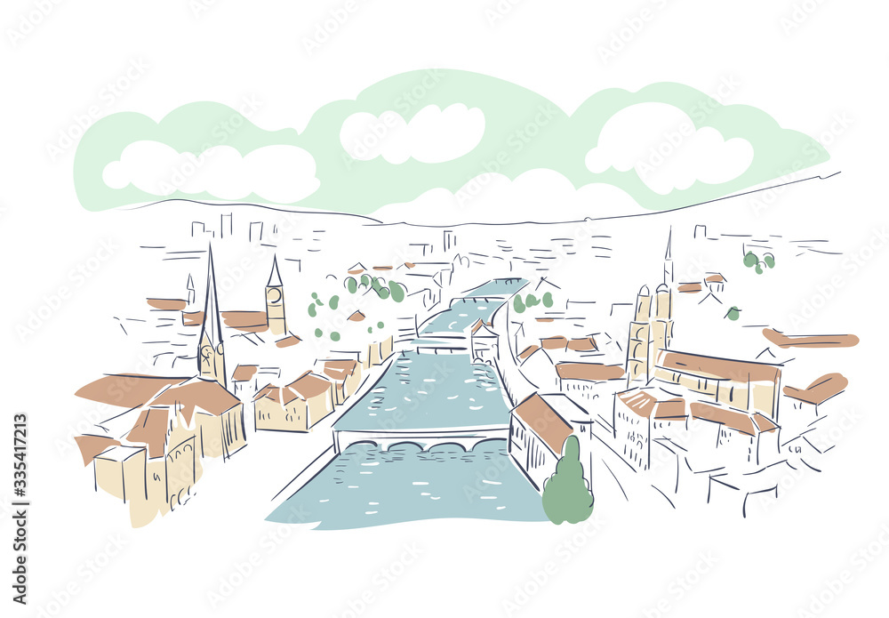 Zurich Switzerland Europe vector sketch city illustration line art