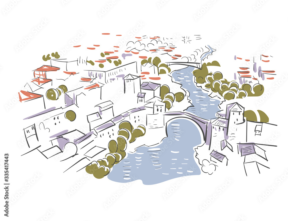 Mostar Bosnia and Herzegovina Europe vector sketch city illustration line art Mostar Bosnia and Herzegovina Europe vector sketch city illustration line art