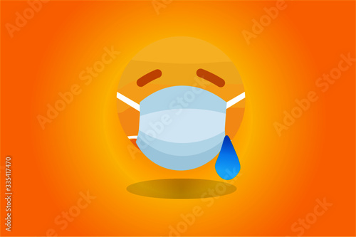 Sad emoji with health mask and tear down.