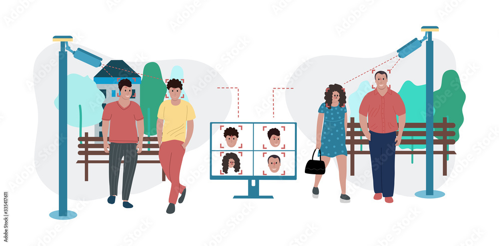 Face recognition illustration. Face recognition by camcorder. CCTV. CCTV camera recognizes faces of men and woman. The camcorder recognizes the faces of a walking group of people