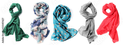 Fotografía Different beautiful scarves on white background