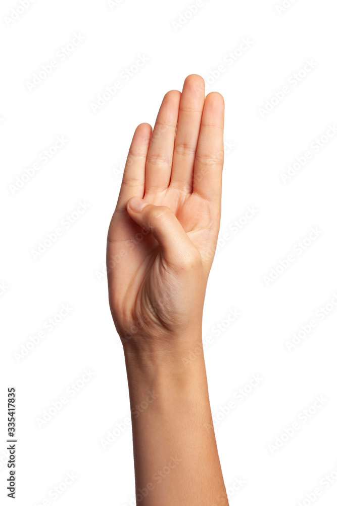 woman on white background is pointing at number four woman on white background is pointing at number four