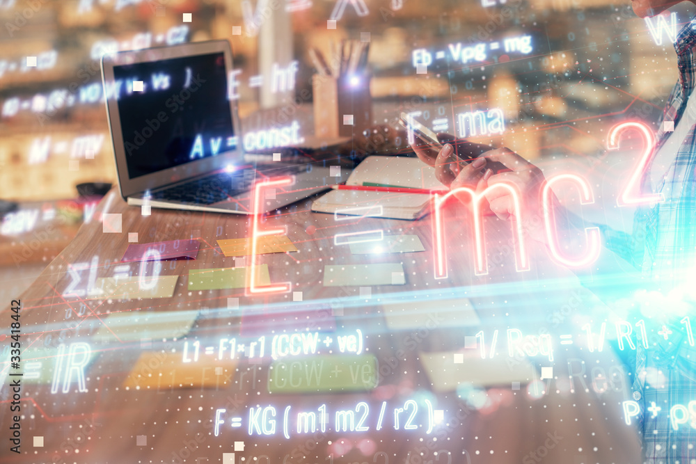 Double exposure of woman hands typing on computer and formula hologram drawing. Education concept. Double exposure of woman hands typing on computer and formula hologram drawing. Education concept.