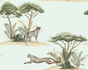 Papier peint photo Paysage patrons Savane vintage guépard et acacias  © good_mood