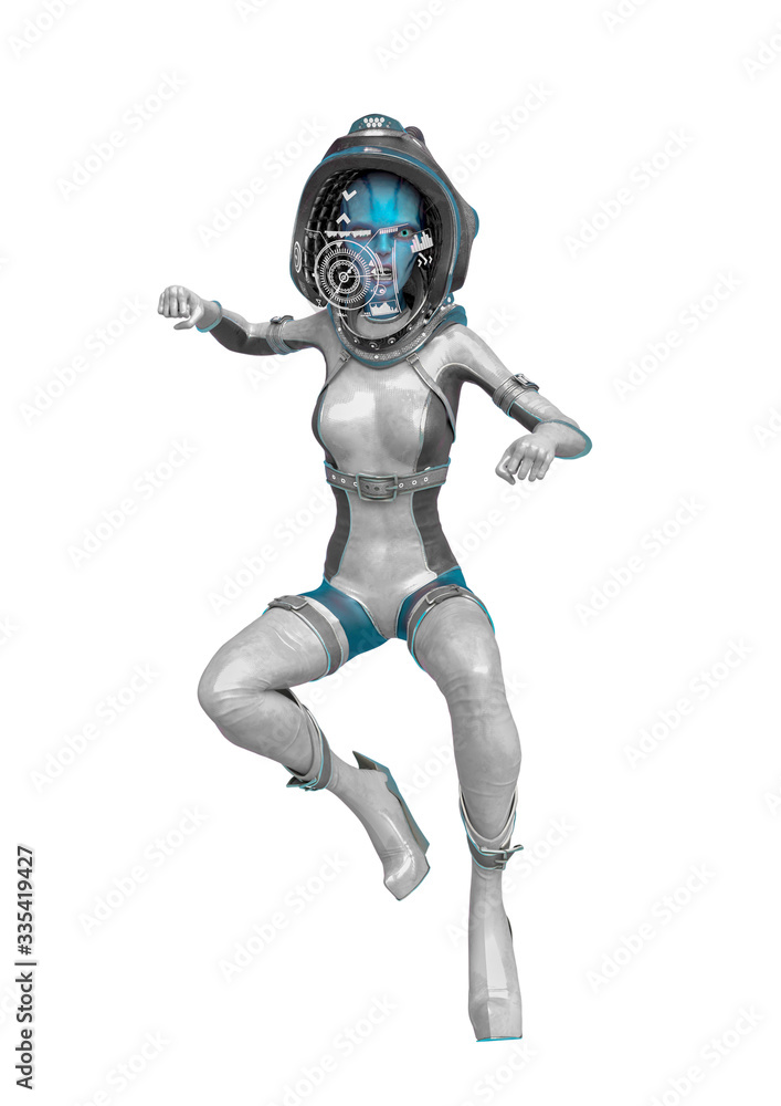 alien queen in a white sci fi outfit doing a frontal punch in a white background