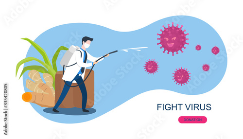 Fight covid-19 corona virus Vector illustration. doctor fight virus with spray disinfectant concept. corona viruses traditional preventive medicine 2019-ncov concept.