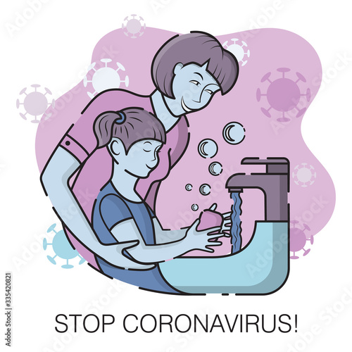 Mom teaches little daughter how to wash her hands with soap during the Covid-19 coronavirus pandemic