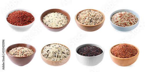 Set with different types of rice in bowls on white background. Banner design