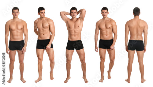 Photos Collage of man with sexy body on white background. Banner design