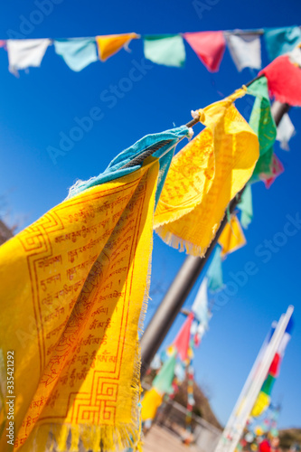 Prayer flag. Colourful buddhist prayer flags at boudhanath stupa in Benalmadena  Andalusia  Spain.