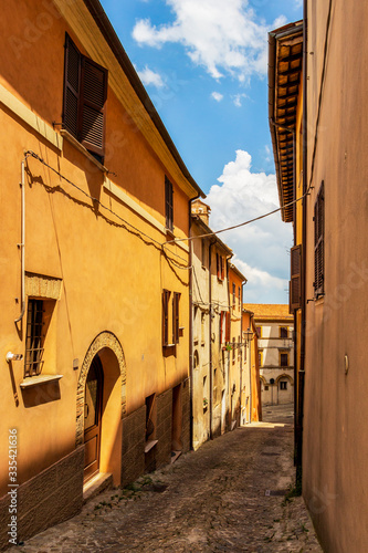 Beautiful old narrow cobbled street view in Cingoli  Marche Region  Province of Macerata  Italy