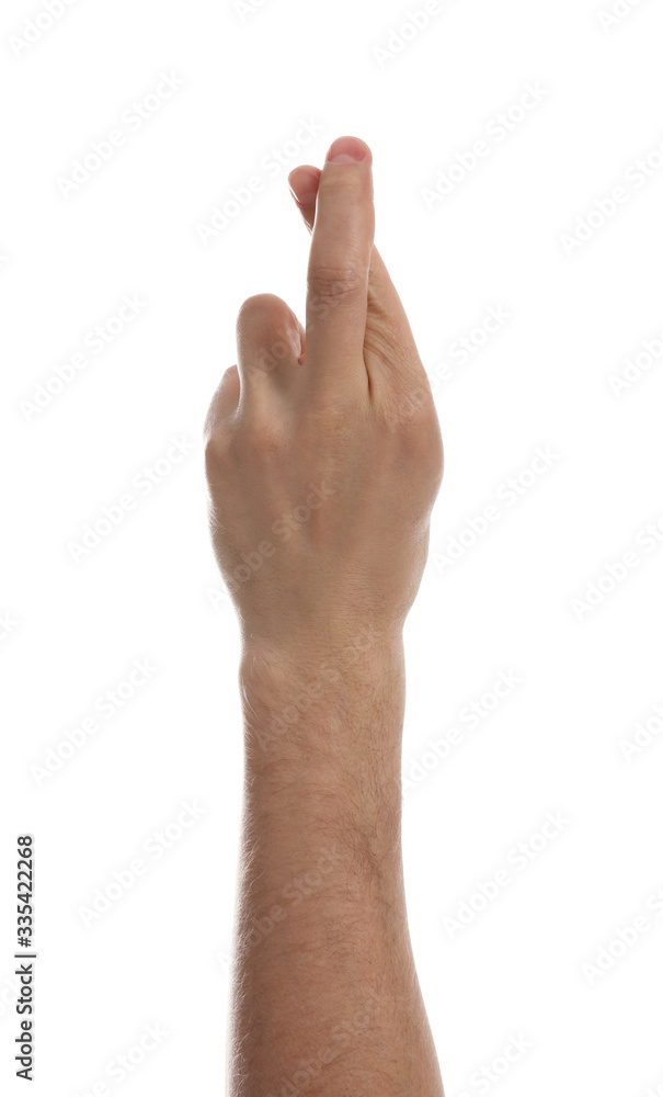 Man with crossed fingers against white background, closeup of hand Man with crossed fingers against white background, closeup of hand