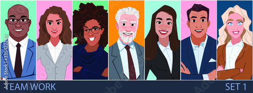 Business office team with happy emotions. Teamwork avatar set