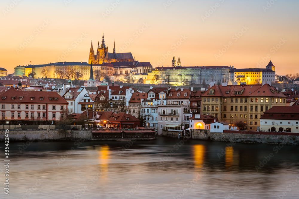 The Prague castle panorama during the golden hour from the Charles bridge, Prague, Czech Republic