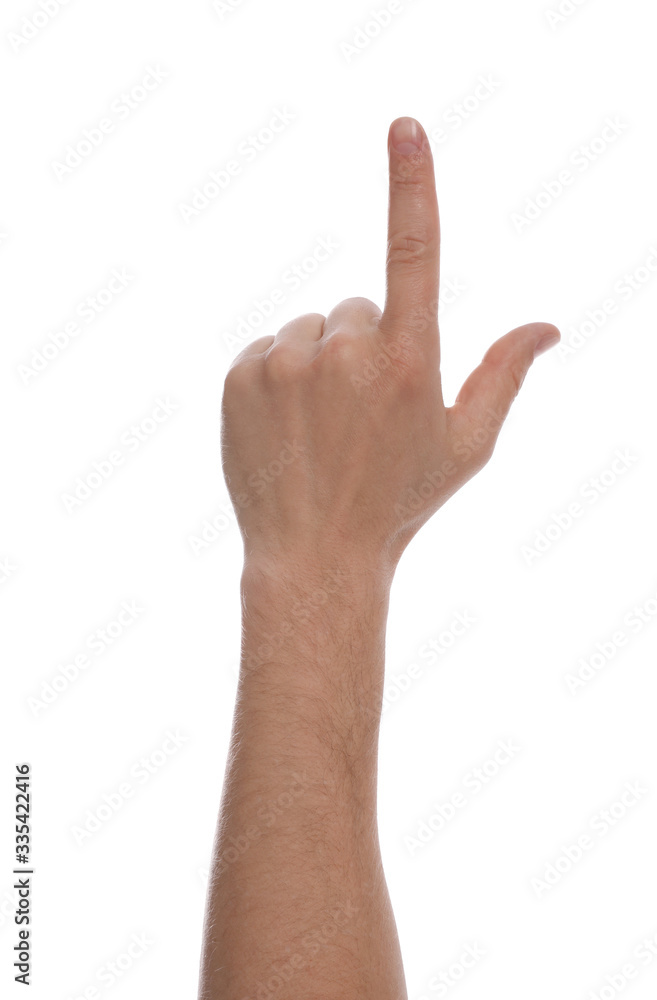Man pointing at something against white background, closeup of hand Man pointing at something against white background, closeup of hand