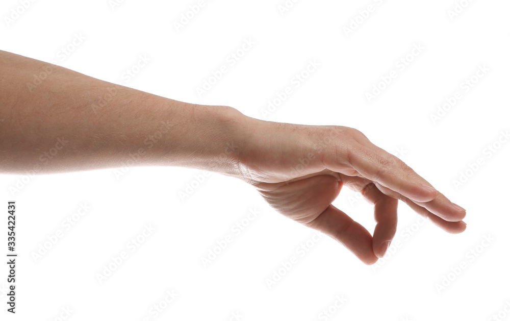 Man holding something against white background, closeup of hand