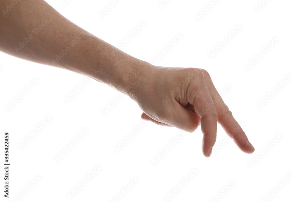 Man against white background, closeup of hand Man against white background, closeup of hand
