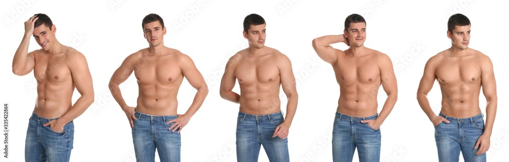 Collage of man with sexy body on white background. Banner design Collage of man with sexy body on white background. Banner design