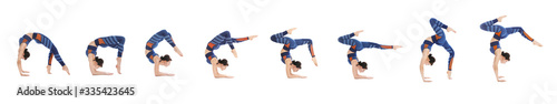 Collage of woman practicing yoga on white background. Banner design