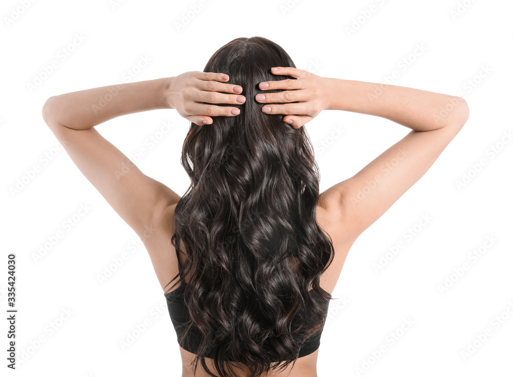 Young woman with beautiful healthy hair on white background Young woman with beautiful healthy hair on white background