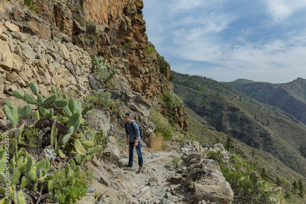 A young man with a backpack travels along a route in the west side of Tenerife. Hiking by the mountain trail surrounded by endemic vegetation and fields of lava rocks. Canary Islands, Spain