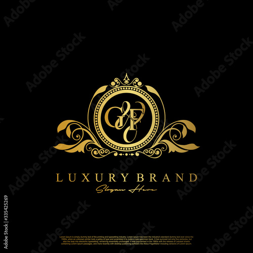 G & F / GF logo initial vector mark. Initial letter G and F GF logo luxury vector mark, gold color elegant classical symmetric curves decor.