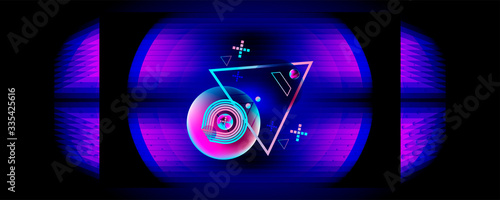 Dark retro futuristic art neon abstraction background cosmos new art 3d starry sky glowing galaxy and planets blue circles