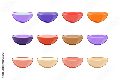Empty bowls of different colors isolated on white background. Set of vector icons in bright cartoon style.