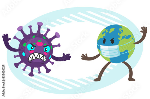 Cartoon Coronavirus Character versus Planet Earth Character. The Planet Earth is fighting against the coronavirus.