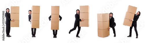 Funny man with boxes on white