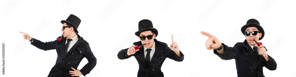 Young detective in black coat holding magnifying glass isolated Young detective in black coat holding magnifying glass isolated