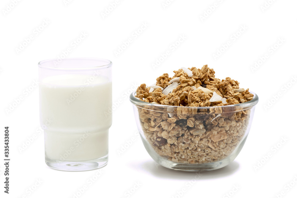 Fresh milk and granola isolated on white background with clipping path Fresh milk and granola isolated on white background with clipping path