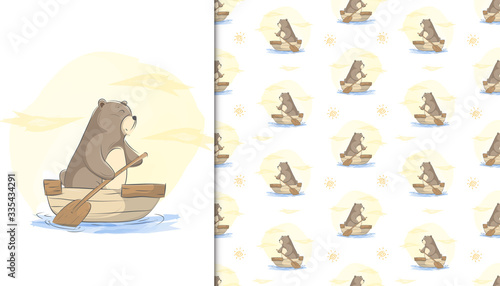 illustration of bear on a wooden boat and kids baby pattern in the white backdrop