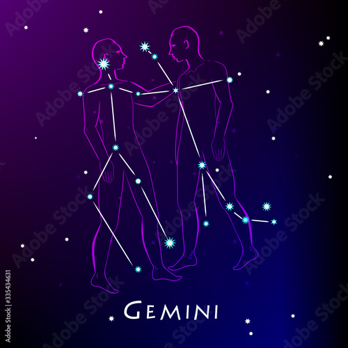 Gemini constellation and zodiac sign in front of dark starry space. Horoscope Vector illustration.  