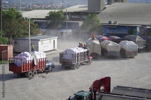 Trucks with bags in Haiti.