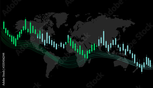Vector stock market illustration. Changes in the stock market due to a pandemic (coronavirus, 2019-nCov). Forex trading graph in graphical form. Financial investment. World map on a black background. 