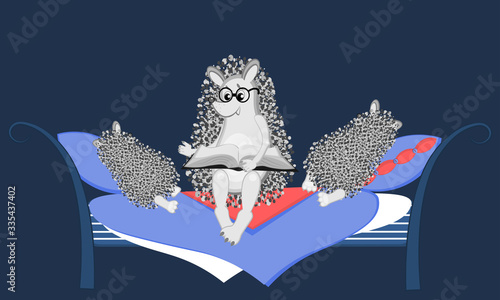 an adult hedgehog in glasses reads at night sitting on the bed a book sleeping on pillows children