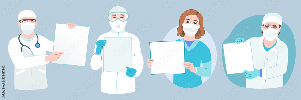 Set of doctors and nurses characters wearing face mask and hold board. Medical team stay work for people stayed home. Quarantine campaign to prevent spread of COVID-19 Corona virus outbreak. Set of doctors and nurses characters wearing face mask and hold board. Medical team stay work for people stayed home. Quarantine campaign to prevent spread of COVID-19 Corona virus outbreak.