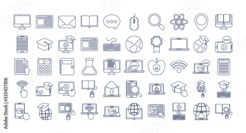 set of icons online education, education technology, line style icon