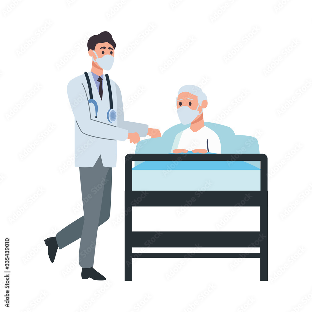 doctor attending old man lying in bed